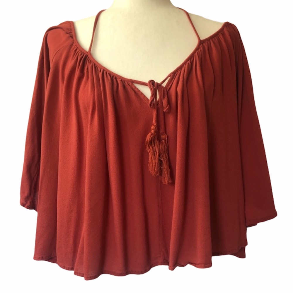Socialite Boho Flowy Lightweight Peasant Blouse Rust XS
